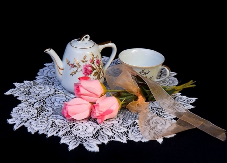 tea,lace and roses - lace, still life, tea, roses