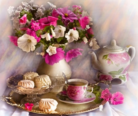 cookies for tea time - cookies, flowers, tea time, still life