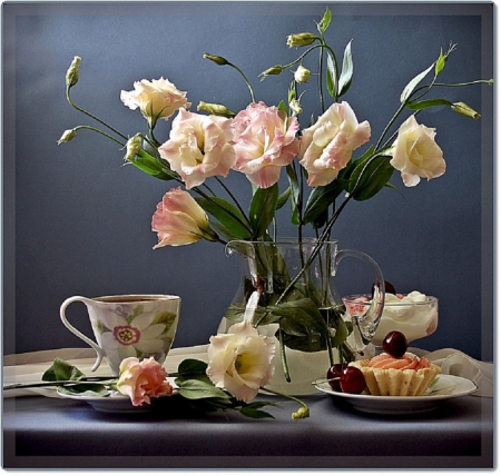 Time for Tea - flowers, tea time, still life, cakes