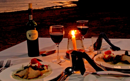 A ROMANTIC NIGHT AWAITS - dinner, wine, candle light, beach, romantic, food, night