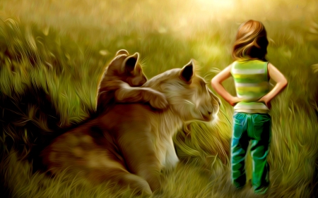 JUNGLE VISIT - lion, animals, babies, fantasy, children, digital art, paintings, grass, cute, landscapes