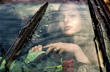 Pretty Face - woman, face, car, pretty, rain, rose