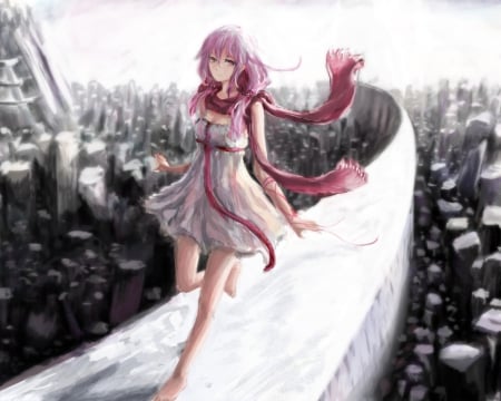 Inori Yuzurhia - scarf, walking, dress, city, guilty crwon, pink hair, on the edge, inori