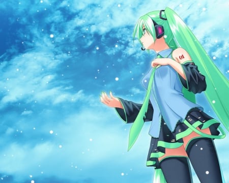 Hastune Miku - sky, headphones, vocaloid, hastune miku, uniform, green hair, waitng