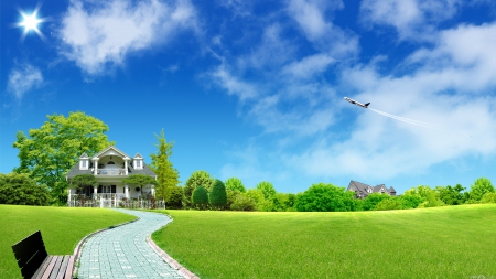 plane over suburbia - plane, clouds, grass, houses, suburb