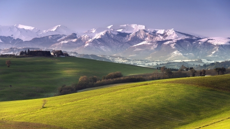 majestic mountains above wonderful farms - hills, fields, snow, mountains, farms