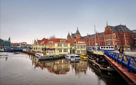 amsterdam canal at central station - boats, canal, city, bridge, station