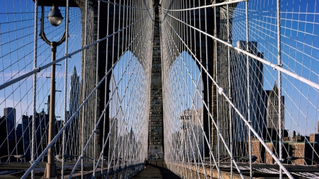 amazing brooklyn bridge walkway - city, walkway, cables, bridge