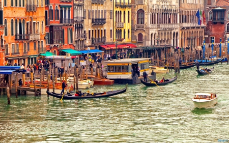 the grand canal in venice by the hotel marconi - docks, city, canal, hotels, boats