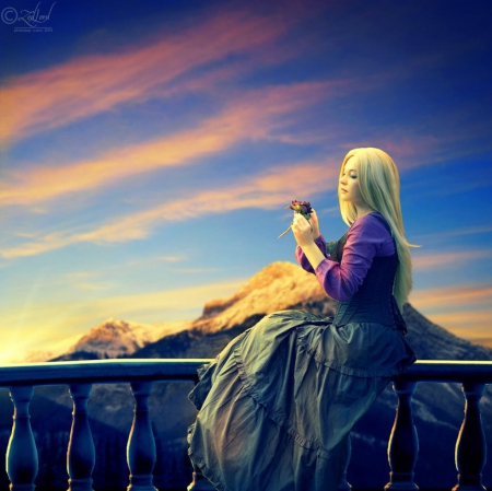 Waiting for Sunrise - waiting, fantasy, lady, sunrise, flower