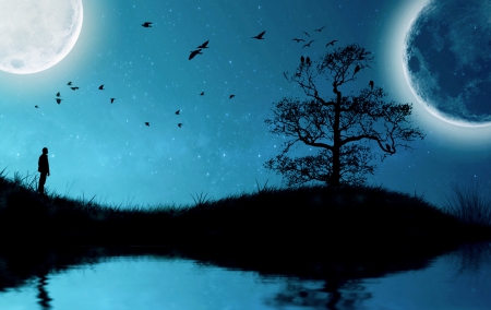 Night Watcher - silhouette, blue, watcher, night, fantasy