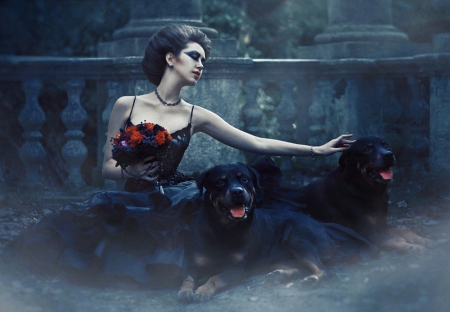 Lady and Dogs - dogs, black, model, flowers, woman, dress