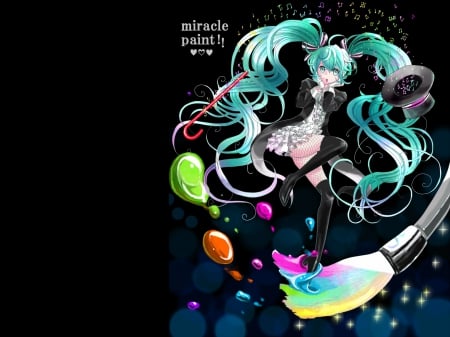 Miracle Paint - anime, vocaloid, female, hatsune miku, green hair, long hair, dark, paint, anime girl, twintails, hot, girl, black, miku, cute, hatsune, brush, sexy, vocaloids