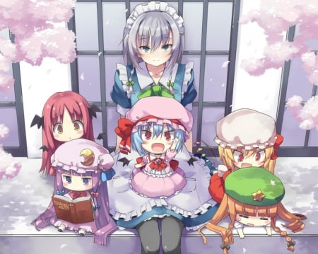 Touhou - Izayoi Sakuya, Flandre Scarlet, anime, kawaii, female, team, group, touhou, Mystia Lorelei, Patchouli Knowledge, hd, chibi, anime girl, firend, Remilia Scarlet, girl, Hong Meiling, cute, adorable