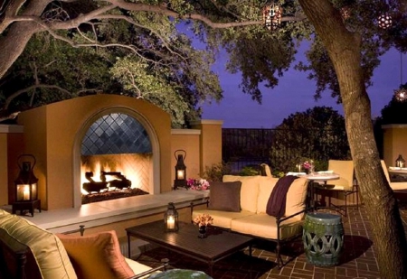 Evening by Fireplace - architecture, fireplace, evening, terrace