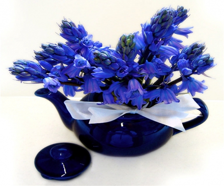 blue teapot - flowers, still life, teapot, blue