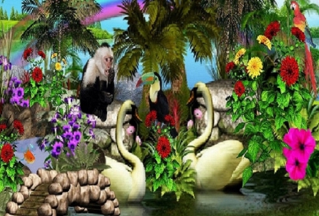 Island Paradise - Pond, Flowers, Rainbow, Swans, Beach