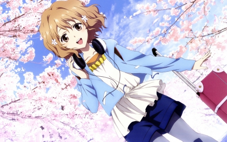 Azbuka - anime, skirt, bag, blooming, cherry flowers, wind, headphones, azbuka, short, sakura flowers, cute