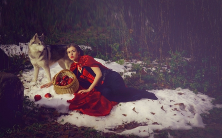 Red riding hood - woman, fairy tale, animals, dog