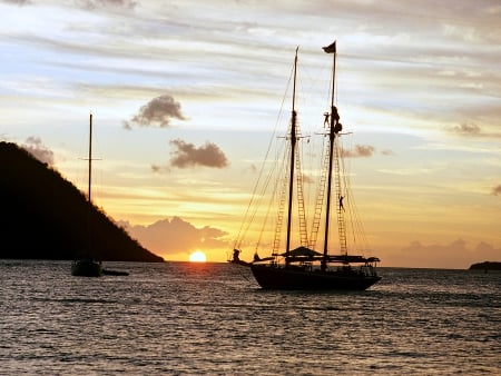 Schooner at Sunset - gulf of mexico, schooner, sunset, caribbean