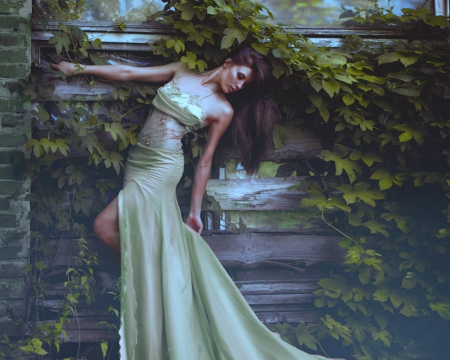 Fashion model - woman, vine, fashion, leaves, pose, model, dress