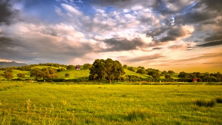 beautiful pastureland - hills, trees, pastures, clouds