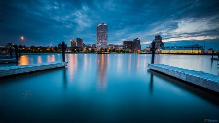 docks in milwaukee harbor - dusk, docks, lights, city, harbor