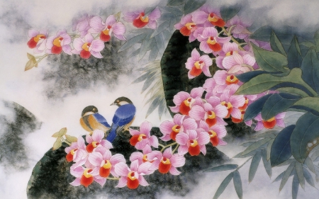 Chinese painting - exotiq, orchid, bird, painting, art, yellow, pink, blue, green, chinese, flower