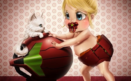 Astronaut baby - anime, blonde, baby, child, cat, animal, kitten, funny, red, green, cute, astronaut, blue eyes