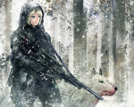 A Gun Girl - trees, anime, wolf, gun, snowing, artwork, cool, blone hair