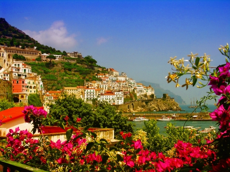 Amalfi coast - summer, beautiful, amalfi, emerald, village, picturesque, vacation, place, nature, italy, pretty, flowers, country, shore, sky, holiday, houses, coast, nice, lovely, sea