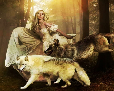 Wolf Lady - girl, wolves, predators, artwork