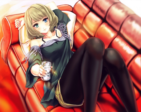 Takagaki Kaede - pretty, anime, elegant, female, maiden, blonde, lying, blond hair, short hair, gorgeous, blond, hd, nice, anime girl, beautiful, hot, can, girl, blonde hair, beauty, lovely, sweet, cushion, chair, drink, lady, cute, sexy