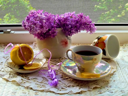 Tea with lemon - nice, freshness, room, time, still life, spring, home, pretty, window, tea time, house, lilac, morning, fresh, coffee, day, tea, summer, lovely, cup, lemon, beautiful, cozy