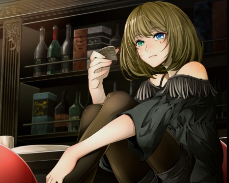 Takagaki Kaede - cute, hot, anime girl, green hair, pretty, short hair, green eyes, shelf, sweet, anime, hd, bottle, dress, nice, lovely, sexy, female