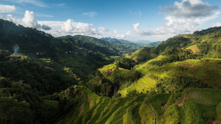 wonderful valley in the philippines - village, valley, mountains, terraces, grass