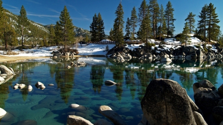 beautiful clear lake in winter - lake, clear, rocks, winter, trees