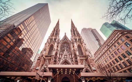 st patricks cathedral in new york city - cathedral, reflections, skyscrapers, city