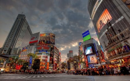 human rush hour in tokyo - intersection, street, people, clouds, city, ads