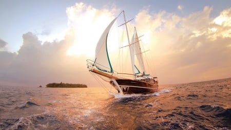 marvelous sailboat rounding an island - island, clouds, sea, sailboat