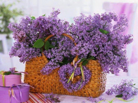 Lilacs in a basket - lilacs, purple, fragrant, basket, flowers