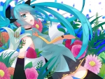 Miku hatsune in flower bed