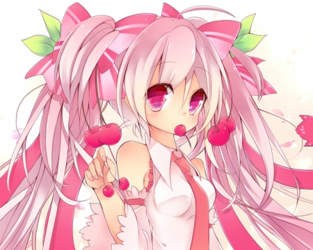 Sakura Miku - female, hot, anime girl, anime, miku, cute, pink eyes, hatsune miku, sexy, girl, twintails, long hair, pink hair, cherry, sakura miku, vocaloids, hatsune, sakura, vocaloid