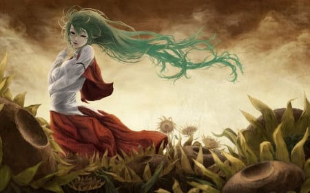 Touhou - Manga, Yuuka, Anime Girl, Lovely, Anime, Dark, Long Hair, Serious, Mad, Crazy, Emotional, Sunflower, Flower, Mean, Amazing, Awesome, Beautiful, Green Hair, Pretty, Scary, Sinister, Gorgeous, Kazami, Creepy, Angry, Touhou