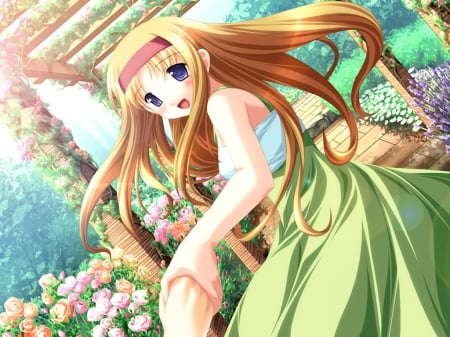 Come with Me - pretty, anime, female, dress, blonde, blond hair, long hair, happy, purple eyes, garden, blond, nice, anime girl, beautiful, girl, blonde hair, beauty, lovely, sweet, flower, smile, floral