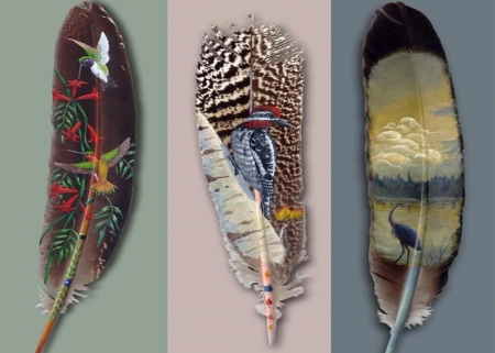 feather art work - painting, three feathers, art work, birds