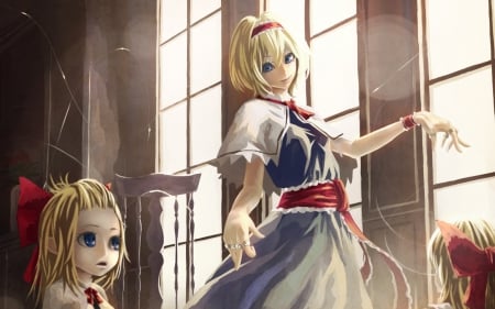 Touhou - Manga, Blonde Hair, Anime Girl, Head Band, Dress, Smile, Lovely, Alice, Anime, Dark, Ribbon, Serious, Crazy, Emotional, HeadBand, Bow, Margatroid, Amazing, Awesome, Beautiful, Pretty, Scary, Sinister, Blue Eyes, Gorgeous, Short Hair, Creepy, Touhou, Blond Hair