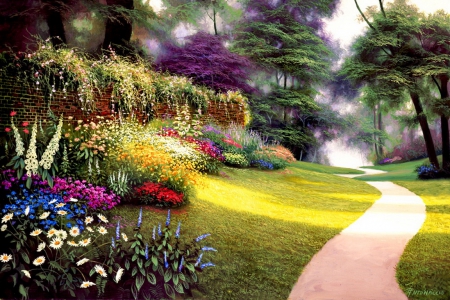 Garden path - blossoms, sunny, summer, spring, alleys, flowers, path, garden, paradise, nice, place, art, trees, beautiful, lovely, freshness, blooming, colorful, nature, painting, day