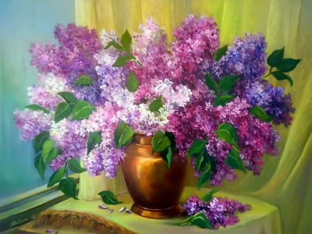 Still life - pretty, room, lilac, flowers, scent, nice, art, vase, beautiful, fragrance, beauty, lovely, freshness, still life, bouquet, colorful, painting