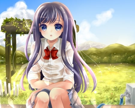 Purple Hair - nice, sky, female, hot, anime girl, cloud, pretty, anime, ribbon, cute, scene, sexy, scenic, blue eyes, long hair, purple hair, lovely, hd, kawaii, scenery, sweet